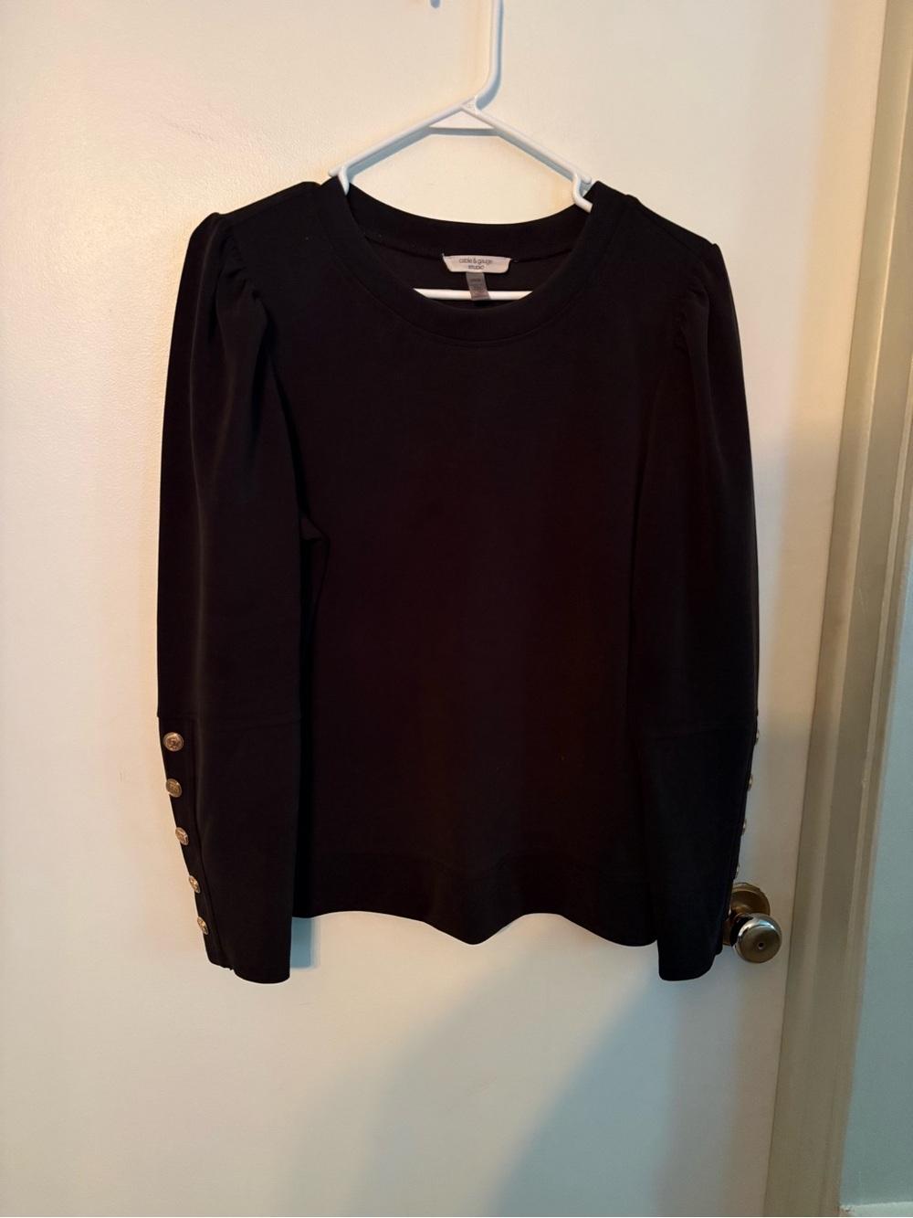 Cable & Gauge size large Black Long Sleeve Puff Shoulder Top with Gold Buttons